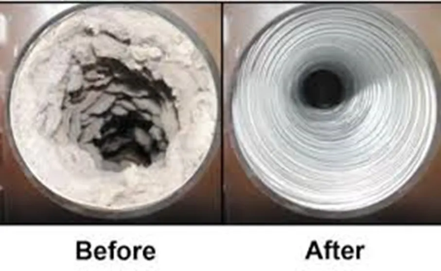 Before and after dryer vent cleaning showing lint buildup cleared